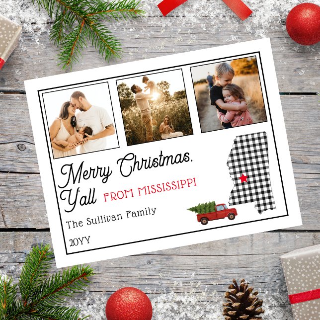 Cartão Postal De Festividades Feliz Natal do Mississippi Photo Holiday (Rustic "Merry Christmas Y'all from Mississippi" Three Photo and State Holiday Postcard)