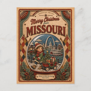 Cartão Postal De Festividades Feliz Natal do Missouri Globo de Neve Antigo