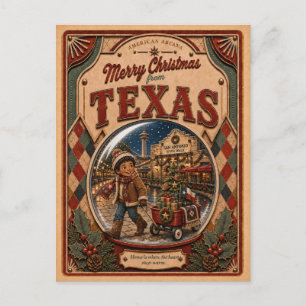 Cartão Postal De Festividades Feliz Natal do Texas Globo de Neve Vintage