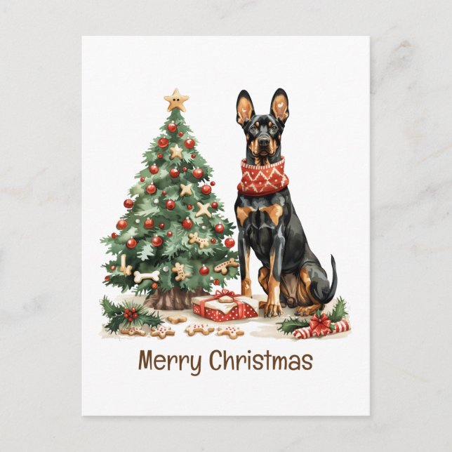 Cartão Postal De Festividades Feliz Natal Dobermann Dogs (Frente)