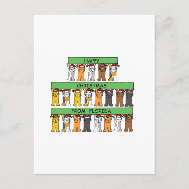 Cartão Postal De Festividades Feliz Natal dos Gatos de Cartoon da Flórida (Frente)