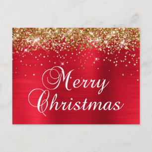 Cartão Postal De Festividades Feliz Natal Dourado Brilho Vermelho Folha