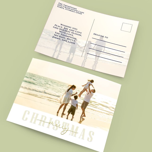 Cartão Postal De Festividades Feliz Natal Dourado Caligrafia 2 Foto (Merry Christmas elegant gold two photo template postcard. )