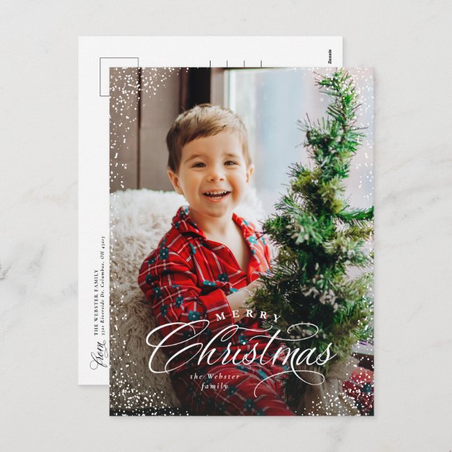 Cartão Postal De Festividades Feliz Natal elegante, duas fotos de neve (Frente/Verso)