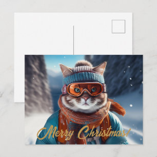 Cartão Postal De Festividades Feliz Natal esquiando com gato