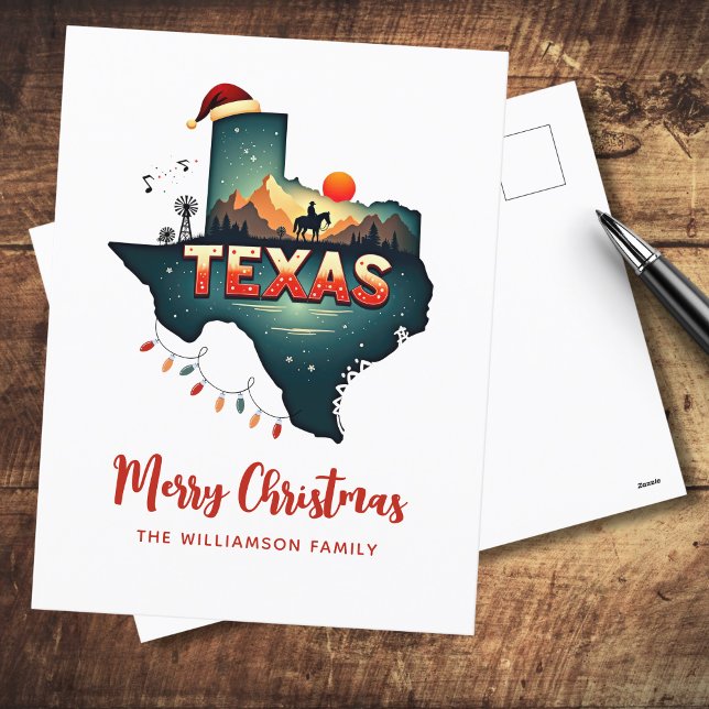 Cartão Postal De Festividades Feliz Natal Estado do Texas Retro Personalizado (Edit Greeting if required & add family name to customize.  See collection for matching items)
