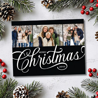 Cartão Postal De Festividades Feliz Natal Família de 3 Fotos em Script Preto