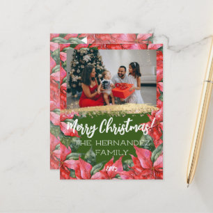 Cartão Postal De Festividades Feliz Natal Família Foto Watercolor Poinsettia
