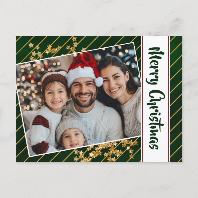 Cartão Postal De Festividades Feliz Natal Família Verde E Douradas Bandas (Frente)