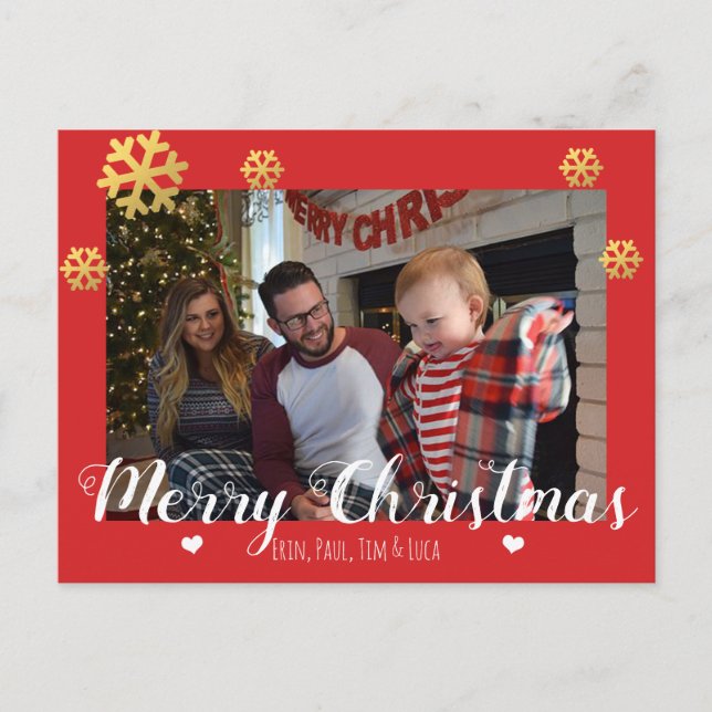 Cartão Postal De Festividades Feliz Natal Faux Flocos de Neve Dourados (Frente)