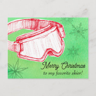 Cartão Postal De Festividades Feliz Natal Favorito Skier Goggles Verde