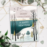 Cartão Postal De Festividades Feliz Natal. Floresta de inverno paisagem nórdica<br><div class="desc">Cartaz de "Desejo-te um Feliz Natal e um Feliz ano novo" com desenhos animados sobre a floresta nórdica do inverno.</div>