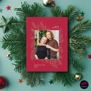 Cartão Postal De Festividades Feliz Natal Folhas Douradas Foto da Família Vermel