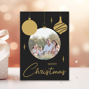 Cartão Postal De Festividades Feliz Natal Foto da Família Preto e Dourado