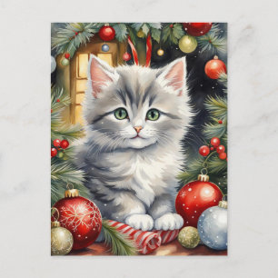 Cartão Postal De Festividades Feliz Natal Gatito Fofo com Enfeites 