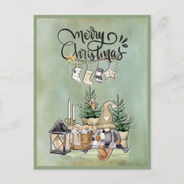 Cartão Postal De Festividades Feliz Natal Gnomo Rustic Cozy Saudação (Frente)