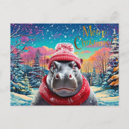 Cartão Postal De Festividades Feliz Natal Hippo Santa Chapéu e cachecol