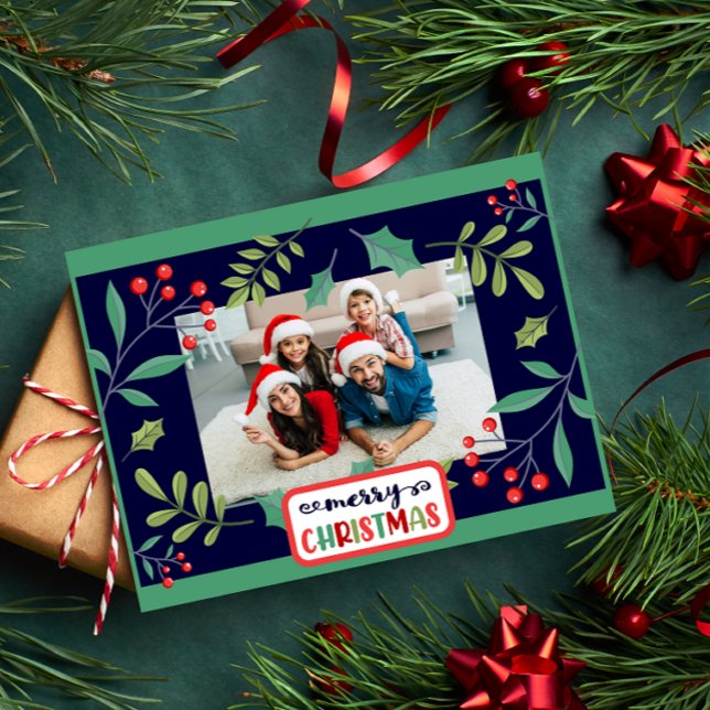 Cartão Postal De Festividades Feliz Natal Holly Berry (adicione suas fotos) (Criador carregado)