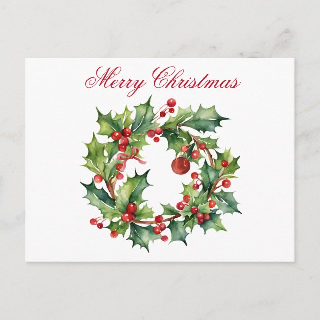 Cartão Postal De Festividades Feliz Natal Holly Berry Wreath (Frente)