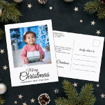 Cartão Postal De Festividades Feliz Natal - Imagem elegante<br><div class="desc">Este cartão postal clássico e elegante de Natal é perfeito para enviar cartões de natal a familiares e amigos. A frente do cartão é personalizável com um dos seus retratos familiares favoritos e apresenta uma tipografia de Natal Merry, moderna, escrita à mão. A parte traseira do cartão é personalizável com...</div>