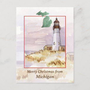 Cartão Postal De Festividades Feliz Natal Michigan Farol de inverno neve