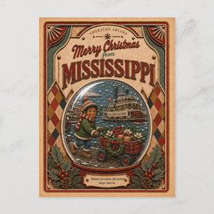 Cartão Postal De Festividades Feliz Natal Mississippi Globo de Neve Vintage