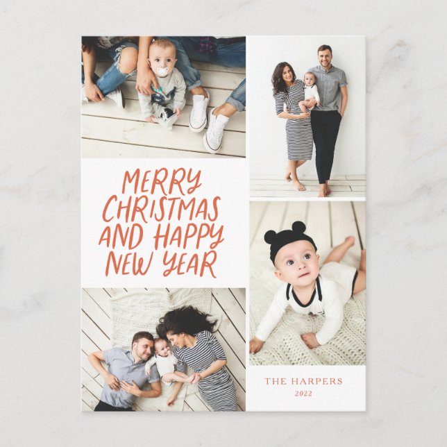 Cartão Postal De Festividades Feliz Natal Novo Ano Vermelho 4 Fotografia Colagem (Frente)