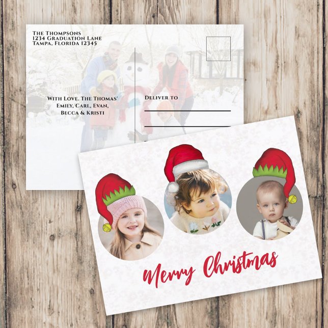 Cartão Postal De Festividades Feliz Natal Papai Noel (Merry Christmas holiday three photo postcard template with circle photo template. )