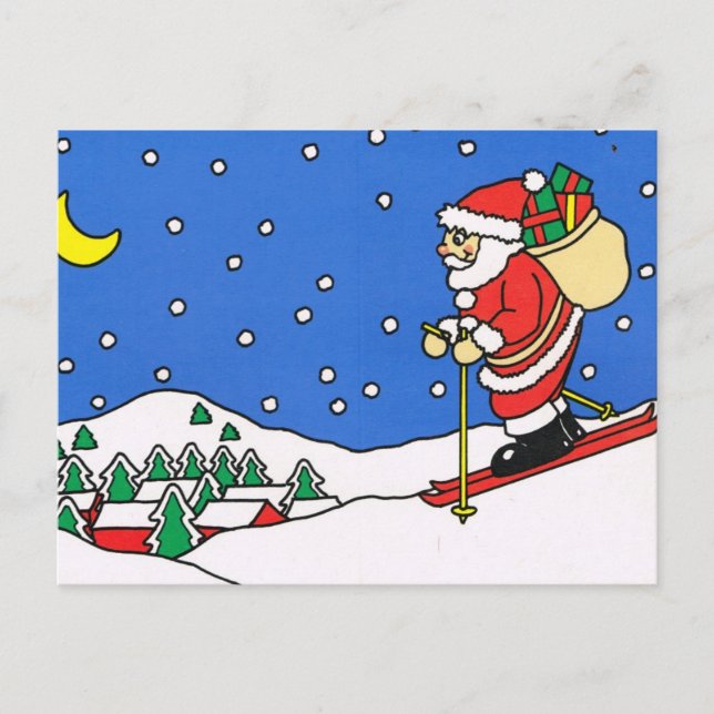 Cartão Postal De Festividades Feliz Natal, papai noel de esqui (Frente)