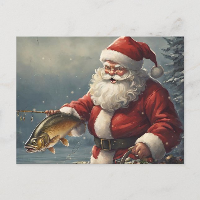 Cartão Postal De Festividades Feliz Natal Papai Noel Pesca Peixes de Pescaria (Frente)