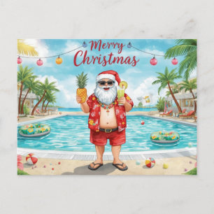Cartão Postal De Festividades Feliz Natal Papai Noel Tropical na Piscina