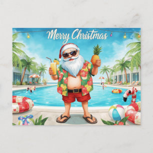 Cartão Postal De Festividades Feliz Natal Papai Noel Tropical na Piscina