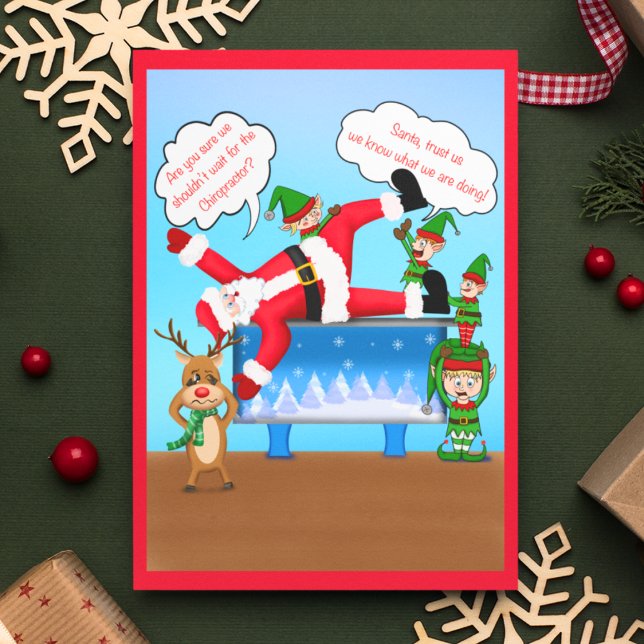 Cartão Postal De Festividades Feliz Natal - Papais noeis e Elves Chiropractor (Even Santa needs his back corrected!)