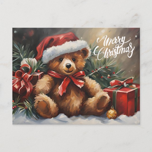 Cartão Postal De Festividades Feliz Natal Papais noeis Teddy Bear (Frente)