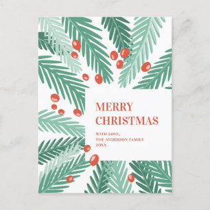 Cartão Postal De Festividades Feliz Natal. Pinheiros verdes. Amoreira vermelha. 