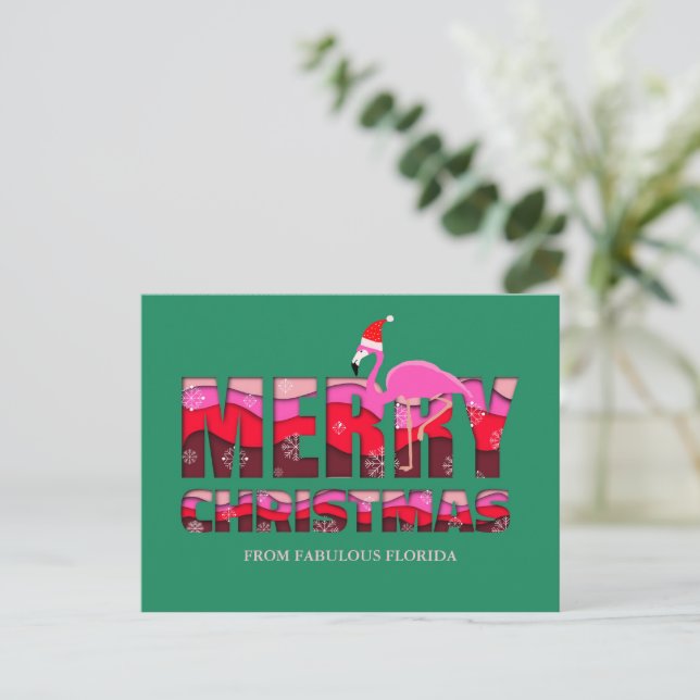 Cartão Postal De Festividades Feliz Natal Pink Flamingo Personalizado (Em pé/Frente)