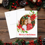 Cartão Postal De Festividades Feliz Natal Poinsettia Família Festiva Foto<br><div class="desc">Uma bela poinsettia vermelha floral com folhas ocas rodeia sua foto festiva quadrada sobre o Feliz Natal. Crianças brilhantes e alegres fotografam cartões postais de férias com flores e folhas bonito.</div>