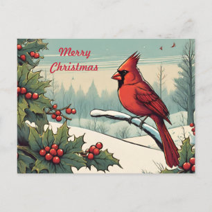Cartão Postal De Festividades Feliz Natal Red Cardinal Bird e Holly Berry