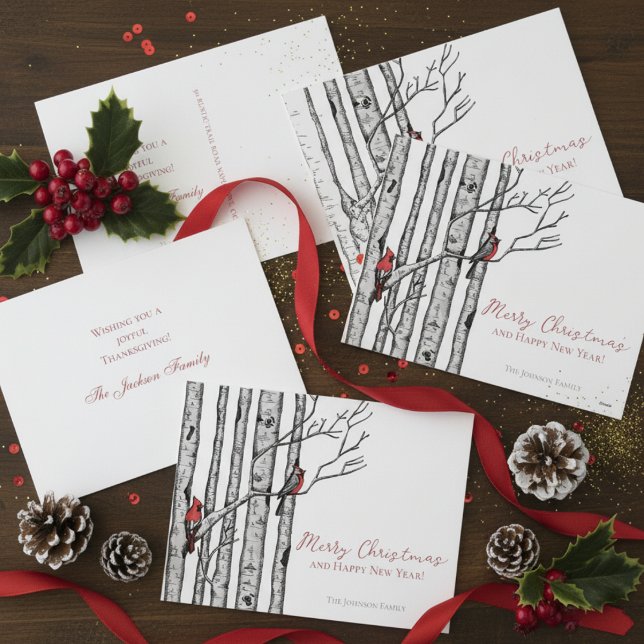 Cartão Postal De Festividades Feliz Natal Red Cardinals em Birch Branch (Modern Red Cardinal Birds in Birch Trees Illustration in Black Ink. Simple Script Christmas Postcard)