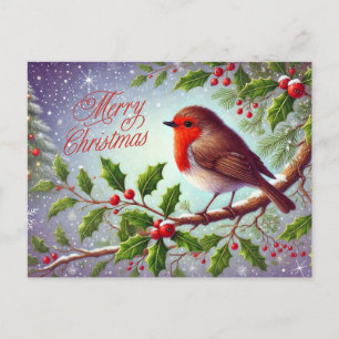 Cartão Postal De Festividades Feliz Natal Red Robin e Berries
