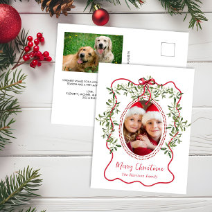 Cartão Postal De Festividades Feliz Natal Red Wavy Frame Arco Greenery Foto