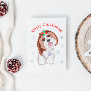 Cartão Postal De Festividades Feliz Natal Shih Tzu Com Floco de Neve Cachorro   