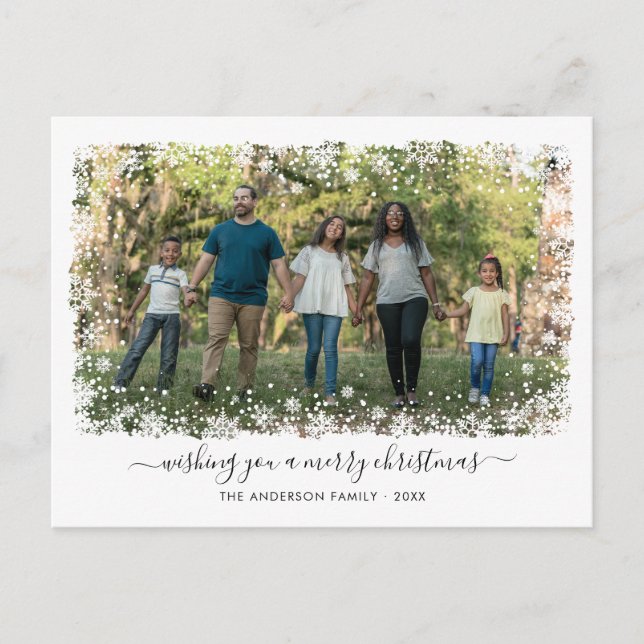 Cartão Postal De Festividades Feliz Natal Snowflake - Foto de Script Elegante (Frente)