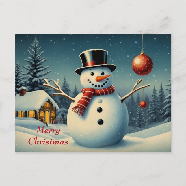 Cartão Postal De Festividades Feliz Natal Snowman e paisagem de inverno (Frente)