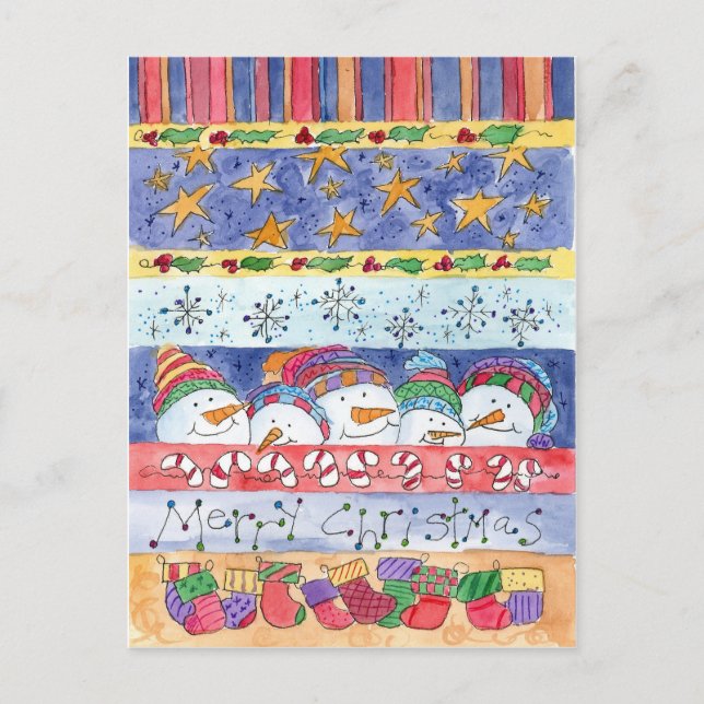 Cartão Postal De Festividades Feliz Natal Snowman Mede Snowflakes (Frente)