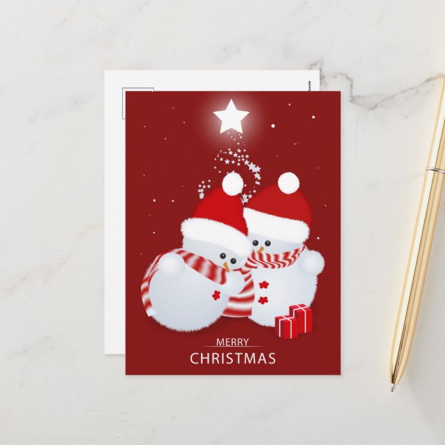 Cartão Postal De Festividades Feliz Natal Snowmen (Frente/Verso In Situ)