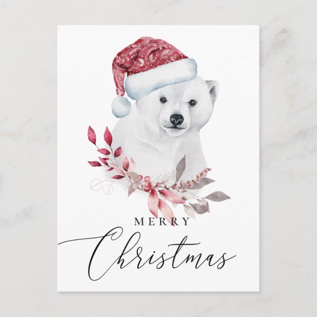 Cartão Postal De Festividades Feliz Natal. Urso polar de férias com aquarelas (Frente)