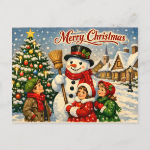 Cartão Postal De Festividades Feliz Natal Vintage Crianças e Boneco de Neve