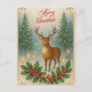 Cartão Postal De Festividades Feliz Natal Vintage Reindeer, Holly Berry