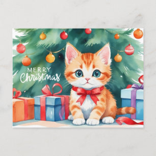 Cartão Postal De Festividades Feliz Natal Watercolor Orange Kitten
